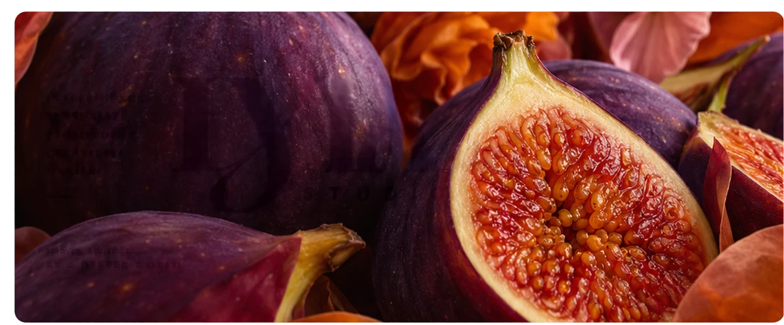 Open figs with plum skin and luminous pink flesh